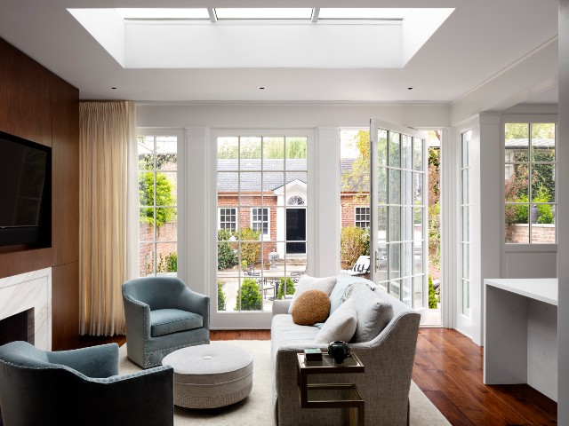 living room with blue and yellow color scheme